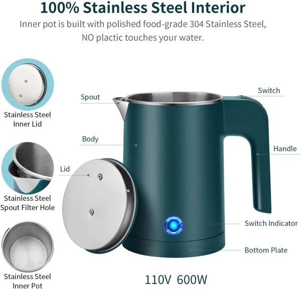 ⁦Small Electric Kettle Stainless Steel, 0.6L Portable Travel Kettle with Double Wall Construction, Mini Hot Water Boiler Heater, Electric Tea Kettle for Business Trip, Camping, Travel, Office (Green)⁩ - الصورة ⁦3⁩