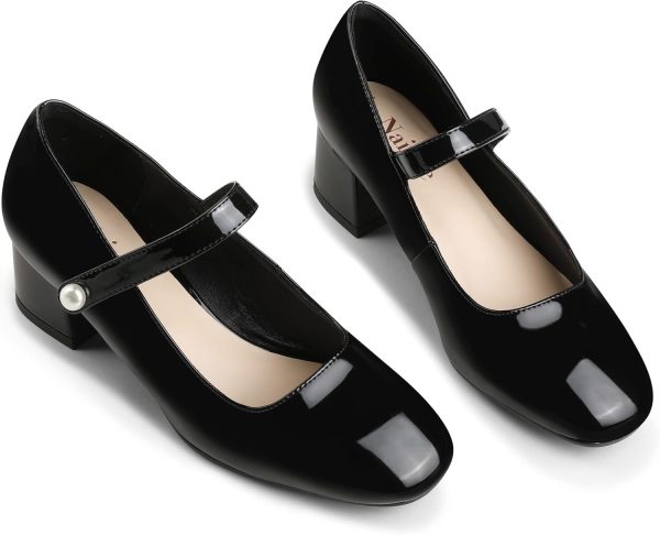 ⁦Naiyee Mary Jane Shoes Women Low Chunky Heels Dress Shoes Closed Round Toe Office Work Wedding Pumps with Velcro Ankle Strap⁩ - الصورة ⁦6⁩