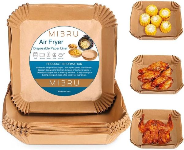 ⁦MIBRU Air Fryer Disposable Paper Liners 20x20cm, Non-Stick Air Fryer Liners, Greaseproof and Water-proof, Perfect for Food Basket, Cooking, BBQ, Baking in Microwave, Toaster Oven, Brown 100pcs⁩ - الصورة ⁦2⁩