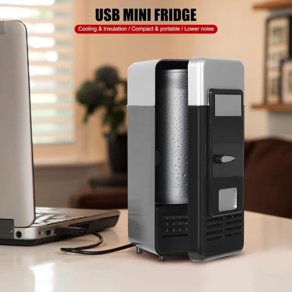 ⁦Mini Fridge, LED Compact USB Beverage Drink Cans Cooler/Warmer, Personal Cosmetic Fridge for Car, Skincare, Food, and Cosmetics (Black, 7.64 * 3.54 * 3.54in)⁩ - الصورة ⁦2⁩