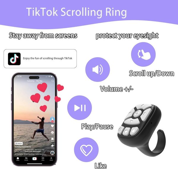 ⁦Tiktok Scrolling Ring, Bluetooth TIK Tok Remote Controll, Scroller for iPhone, iPad, Andriod S22 - Black⁩ - الصورة ⁦2⁩