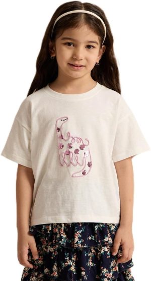 REDTAG Girls White Dinosaur Embellished T-Sirt