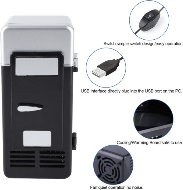 ⁦Mini Fridge, LED Compact USB Beverage Drink Cans Cooler/Warmer, Personal Cosmetic Fridge for Car, Skincare, Food, and Cosmetics (Black, 7.64 * 3.54 * 3.54in)⁩ - الصورة ⁦5⁩