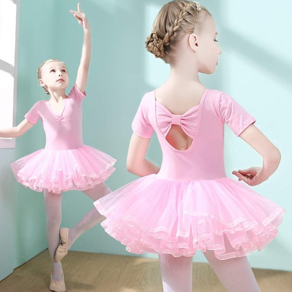 ⁦Girls Ballet Dress Tutu Slim Dance Leotards Dress Short Sleeve Dress (6-7 Years Old)⁩ - الصورة ⁦4⁩