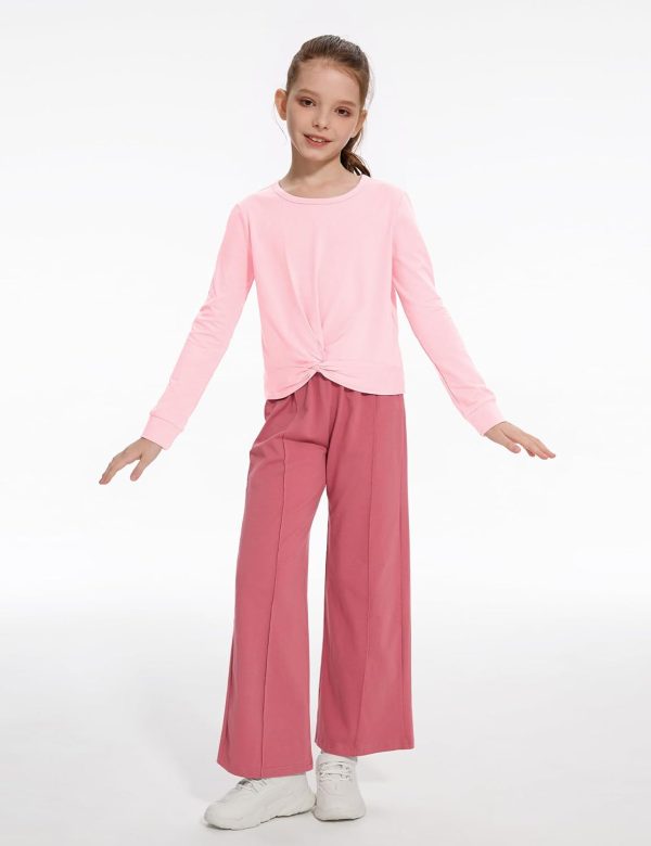 ⁦Gaupafmb Girls Fall Outfits Fashion Solid Long Sleeve Twist Crop Tops and Wide Leg Pants Girls Clothing Set⁩ - الصورة ⁦3⁩