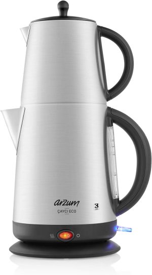 Arzum Electric Kettle 1.7 Liter Eco Turkish Tea Maker Stainless Steel 2200 Watts Silver Color Model - AR3072-1 Years Full Warranty.