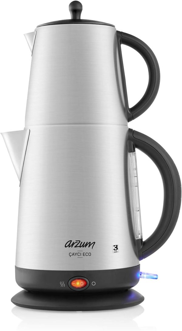 Arzum Electric Kettle 1.7 Liter Eco Turkish Tea Maker Stainless Steel 2200 Watts Silver Color Model - AR3072-1 Years Full Warranty.