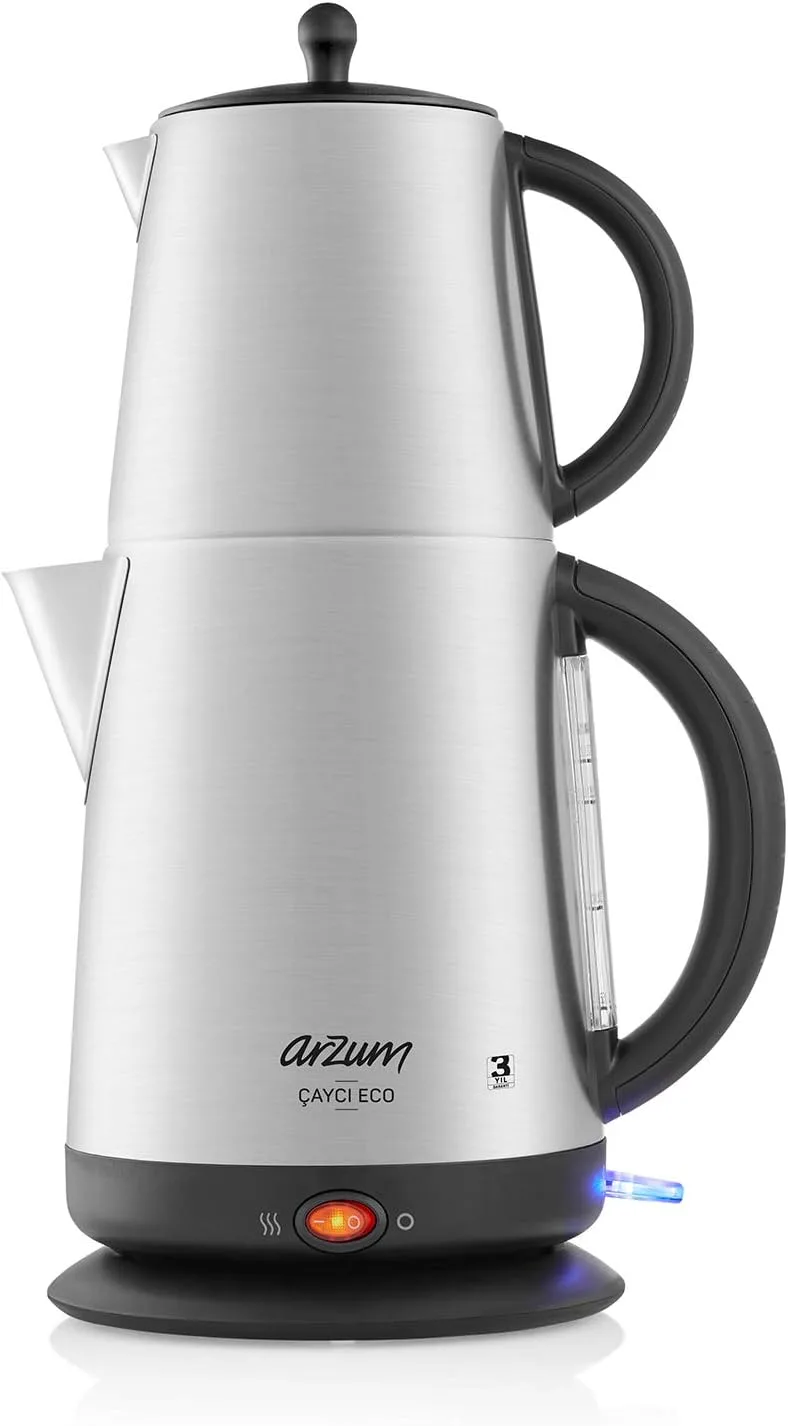 Arzum Electric Kettle 1.7 Liter Eco Turkish Tea Maker Stainless Steel 2200 Watts Silver Color Model - AR3072-1 Years Full Warranty.