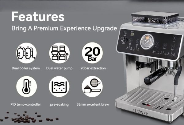 ⁦Espiritu Double Boiler Espresso Coffee Machine, Professional Compact Grinder 30 Degree Grinding, Professional Touch Interface with Bar Counter, 2.7L Water Tank, 250g Coffee Tank, 2800W⁩ - الصورة ⁦3⁩