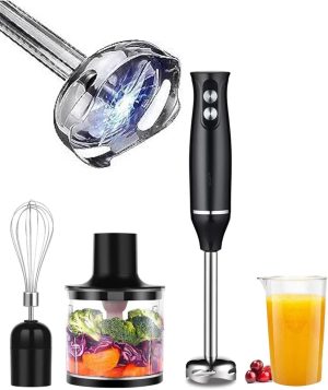 4 in 1 Hand Blender, 500W Stainless Steel Food Chopper, 2-Speed ​​Immersion Handheld Stick with 500ml Chopper, Egg Beater, Mixer, 700ml Measuring Cup for Baby Food, Smoothies, Puree