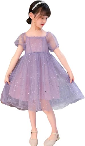 Girls' casual dress, children's purple chiffon party clothing, square collar with a bow at the back, bubble short sleeves, suitable for 5-14 years old