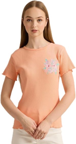 REDTAG Senior Girls Orange Embroidered T-Shirt