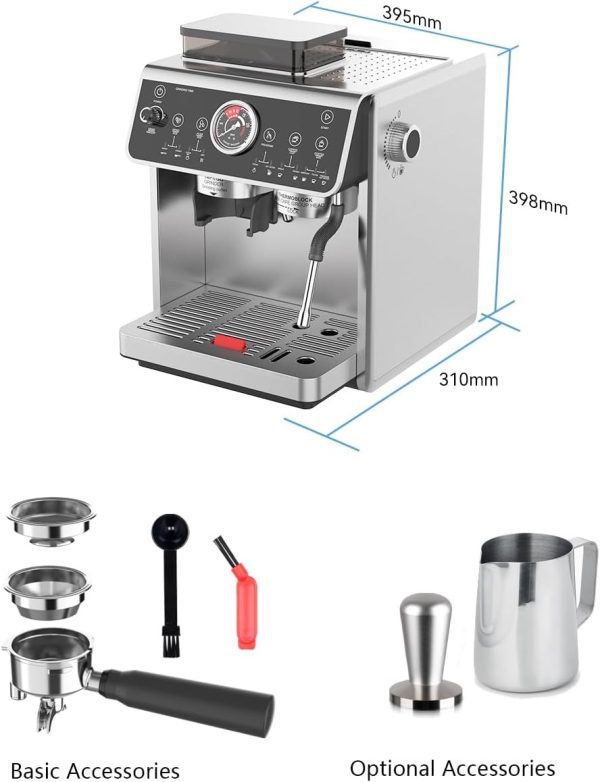 ⁦Espiritu Double Boiler Espresso Coffee Machine, Professional Compact Grinder 30 Degree Grinding, Professional Touch Interface with Bar Counter, 2.7L Water Tank, 250g Coffee Tank, 2800W⁩ - الصورة ⁦9⁩