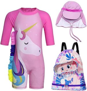 Unicorn Swimwear Girls One Pieces Rash Guard Set Flamingo Sun Suits with Sun Hat UPF 50+