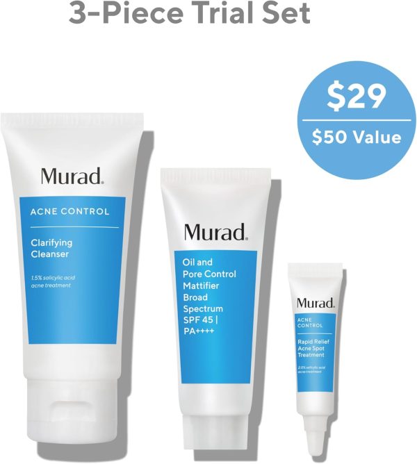 ⁦Murad Acne Trial Kit - Clear Breakouts + Control Oil 3-Piece Trial Kit ($50 Value) - Clarifying Cleanser 2Fl Oz, Rapid Relief Acne Treatment 0.25Fl Oz, Oil & Pore Mattifer SPF 45 0.8Fl Oz⁩ - الصورة ⁦2⁩