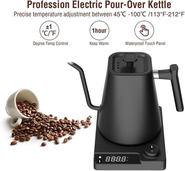⁦Gooseneck Eletrric Kettle V60 Coffee Kettle 900ML Coffee Pot 1200W Power Knob Intelligent Temperature Adjustment with Digital Display Temperature Automatic Insulation Stainless Steel Material Suitable⁩ - الصورة ⁦3⁩