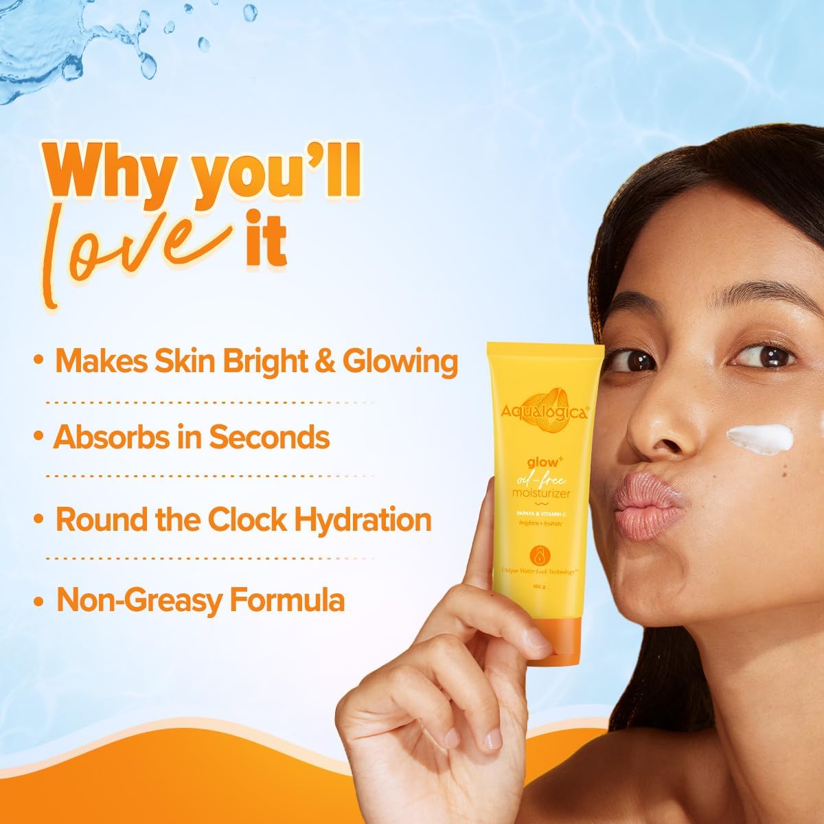Aqualogica Glow+ Oil Free Moisturizer, With Papaya And Vitamin C | Brightens & Hydrates Skin | Lightweight & Non-Sticky | Unique Water Lock Technology | 100 G 3 Aqualogica Glow+ Oil Free Moisturizer, With Papaya And Vitamin C | Brightens & Hydrates Skin | Lightweight & Non-Sticky | Unique Water Lock Technology | 100 G - الصورة 3