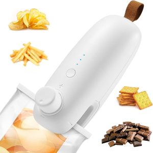 Chip Bag Sealer, 1300mAh, Handheld Mini Bag Heat Sealers Food Bags Sealer, Portable USB Rechargeable Plastic Bags 3-in-1 Sealer and Cutter and Holder, Magnet for Plastic Bags