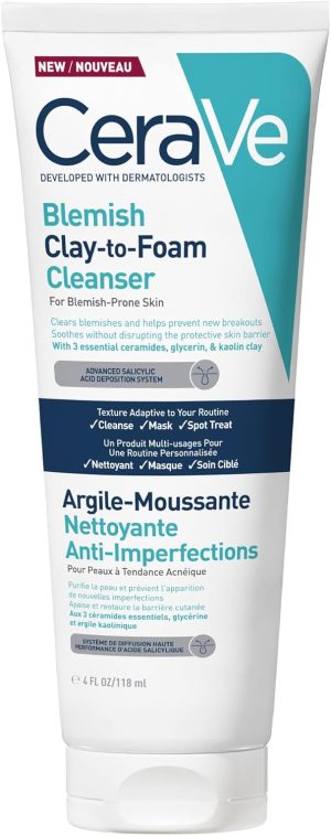 CeraVe Blemish Clay To Foam Cleanser, Clears Blemishes & Helps Soothe New Breakouts, 118 ml