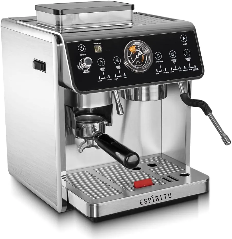 Espiritu Double Boiler Espresso Coffee Machine, Professional Compact Grinder 30 Degree Grinding, Professional Touch Interface with Bar Counter, 2.7L Water Tank, 250g Coffee Tank, 2800W