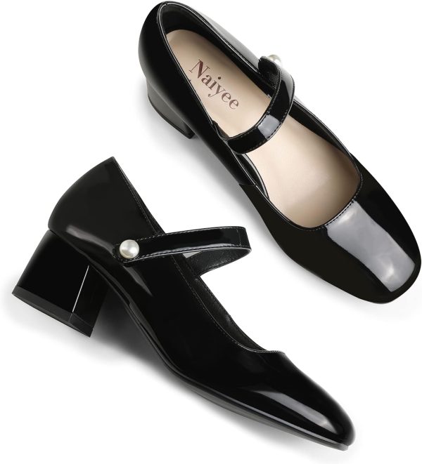 ⁦Naiyee Mary Jane Shoes Women Low Chunky Heels Dress Shoes Closed Round Toe Office Work Wedding Pumps with Velcro Ankle Strap⁩ - الصورة ⁦5⁩