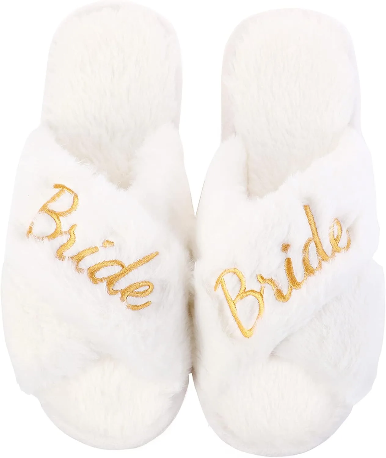 Fabstory Bride Slippers for Wedding Day White Fuzzy Slippers for Bachelorette Party Bridal Shower Gifts