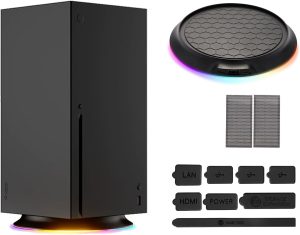 حامل عمودي RGB لوحدة تحكم Xbox Series X ووحدة التحكم، حامل مروحة تبريد وقاعدة شحن مزدوجة مع مجموعات فلتر غطاء الغبار، حامل اضاءة LED مع مقابس فلتر غبار مطاطية، اوضاع اضاءة RGB