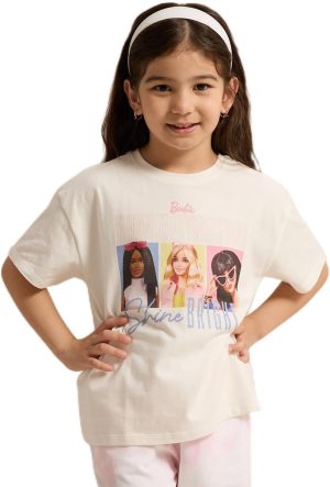 REDTAG Girls White Barbie Placement Print Casual T-Shirt