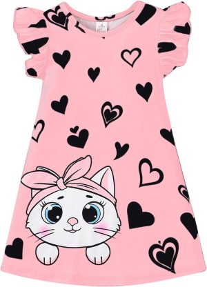 VeryNew Girls Ruffle Sleeve Dress A-Line Skater Kids Cute Cat Casual Dresses Summer Sundress for 4-8 Years