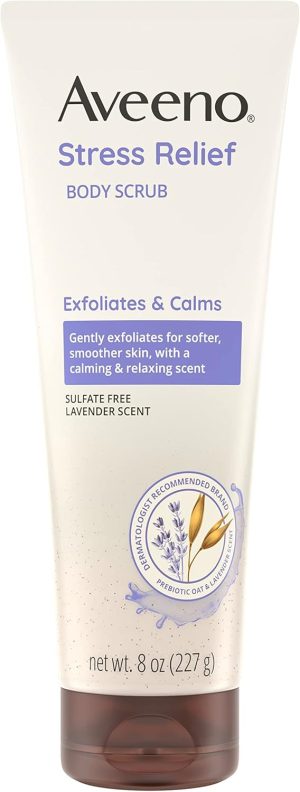 Aveeno Stress Relief Body Scrub, Exfoliating Body Wash for Softer, Smoother Skin, Formulated with Prebiotic Oat & Lavender Scent to Calm & Relax, Sulfate-Free & Soap-Free, 8 fl. Oz