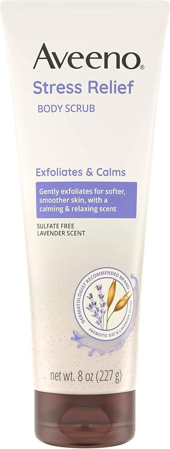 Aveeno Stress Relief Body Scrub, Exfoliating Body Wash for Softer, Smoother Skin, Formulated with Prebiotic Oat & Lavender Scent to Calm & Relax, Sulfate-Free & Soap-Free, 8 fl. Oz