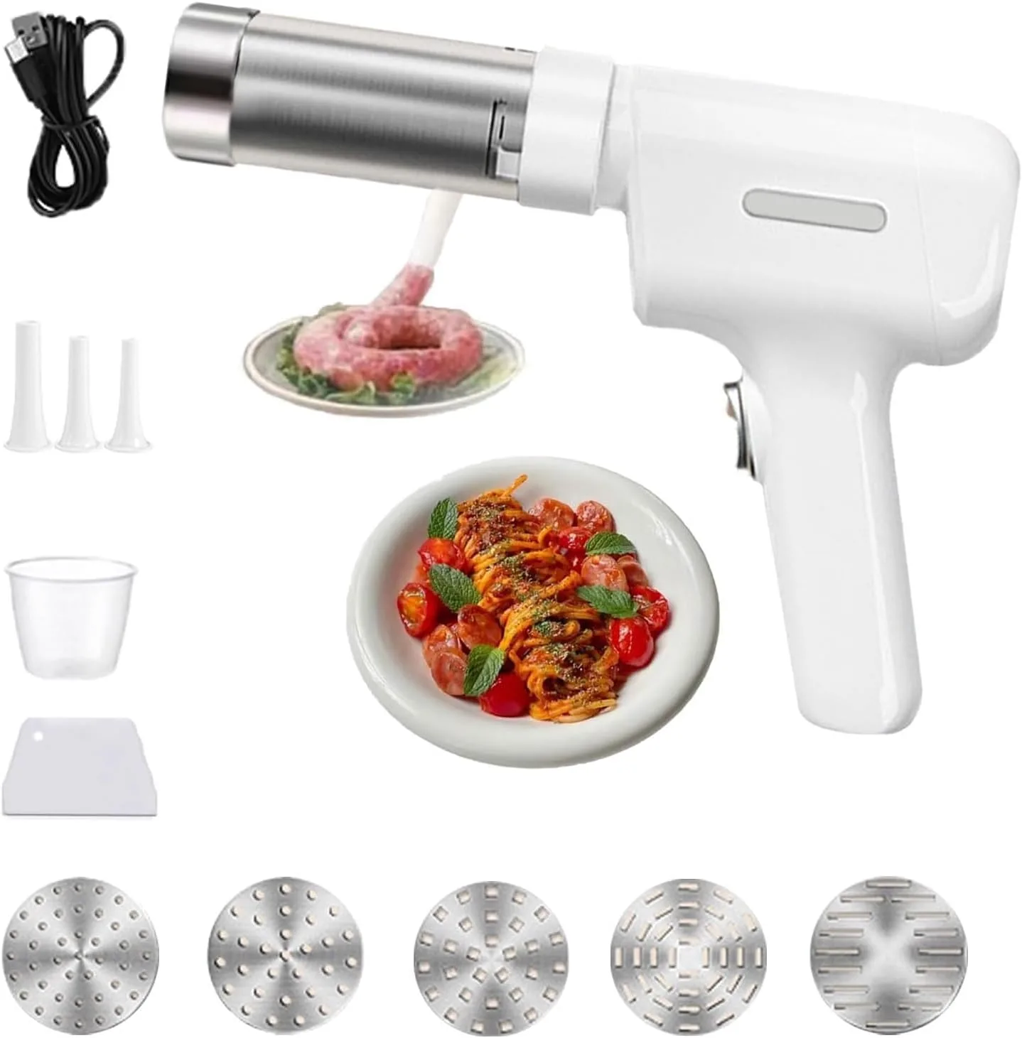 Azonee Electric Pasta Maker Machine, 5-in-1 Cordless Noodle Maker with Sausage-Making Attachment, Automatic Spaghetti and Ramen Roller, Portable Homemade Pasta Maker for Fresh Meals