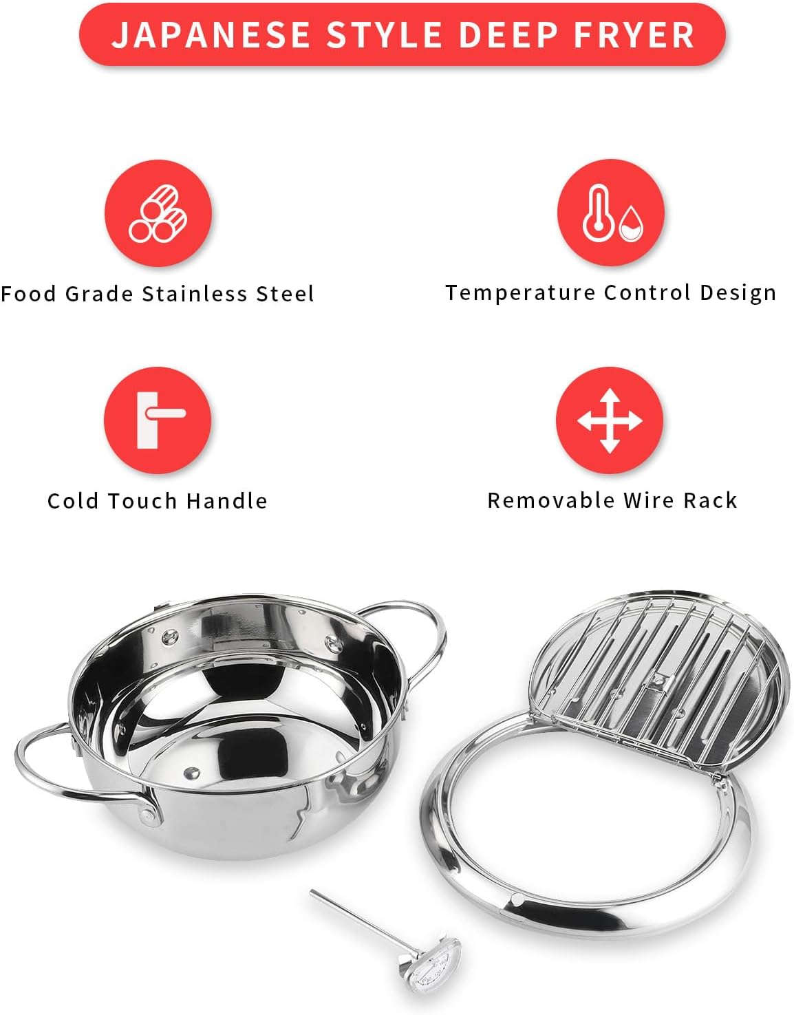 Gugxiom Japanese Deep Frying Pot, Tempura Frying Pot with Thermometer Induction Cooker Compatiblel 24Cm, 304 Stainless Steel Japanese Fry Pot for French Fries Shrimp Chicken and Shri 3 Gugxiom Japanese Deep Frying Pot, Tempura Frying Pot with Thermometer Induction Cooker Compatiblel 24Cm, 304 Stainless Steel Japanese Fry Pot for French Fries Shrimp Chicken and Shri - الصورة 3