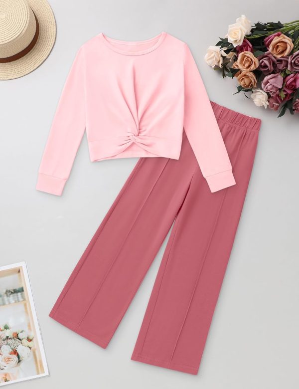 ⁦Gaupafmb Girls Fall Outfits Fashion Solid Long Sleeve Twist Crop Tops and Wide Leg Pants Girls Clothing Set⁩ - الصورة ⁦7⁩