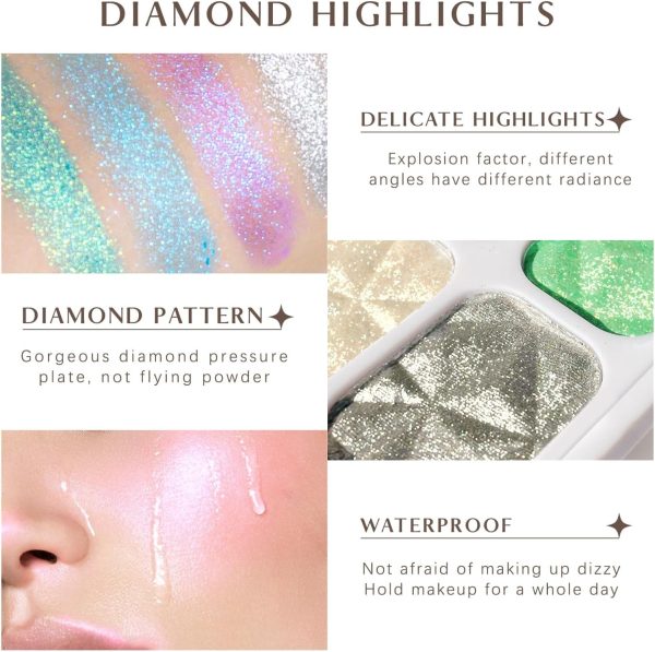⁦Tazweeq 8 Colors Face Highlighter, Diamond Glitter iluminadores, Makeup Palette, Intense-Color Chameleon Eyeshadow Rainbow Shimmer, Highlighter Metallic Contour Bronzer Palette⁩ - الصورة ⁦3⁩