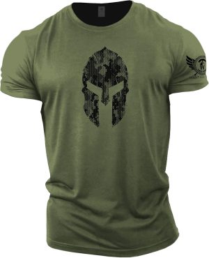 GYMTIER Spartan Forged - Spartan Helmet Hex Camo - Men's Gym T-Shirt Bodybuilding Training Workout Lifting Top Clothing