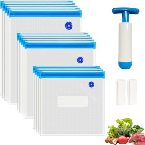 دبليو فاك فري اكياس اغلاق بتفريغ الهواء قابلة لاعادة الاستخدام لتخزين الطعام والطهي خالية من البيسفينول ايه مع مضخة ومشبكين اغلاق من سو فيد 15 قطعة