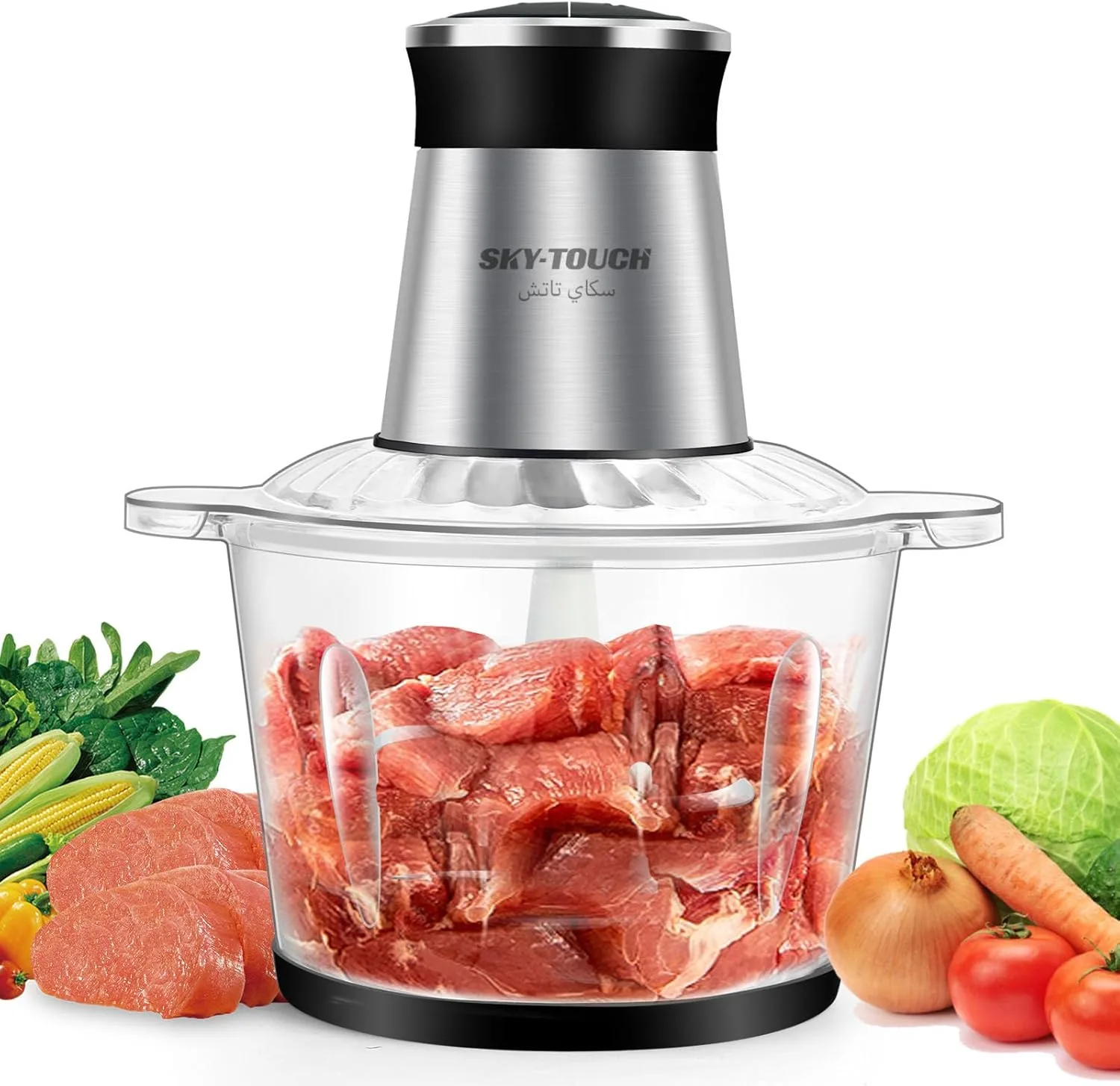 SKY-TOUCH 3L Electric Grinder Chopper｜300W Meat Processor｜Multi Food Chopper｜2 Speed Levels｜4 Sharp Blades｜for Meat Vegetables Fruits and Nuts｜26*26*28cm｜Use NOTED：2min Overheat Protection｜Detachable