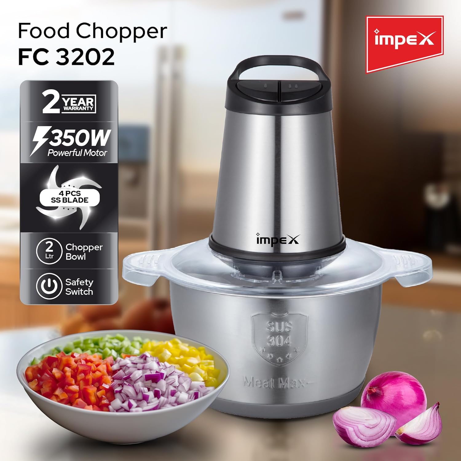 Impex Food Chopper With 2 Liter Glass Bowl,350W Powerful Motor Food Processor, Dual Speed, Stainless Steel Blades, Overheat Protection,2 Year Warranty-FC 3202 2 Impex Food Chopper With 2 Liter Glass Bowl,350W Powerful Motor Food Processor, Dual Speed, Stainless Steel Blades, Overheat Protection,2 Year Warranty-FC 3202 - الصورة 2