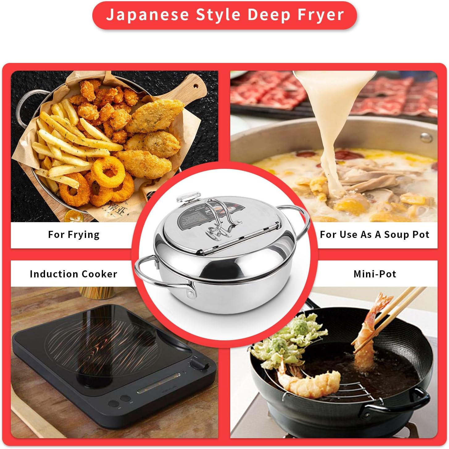 Gugxiom Japanese Deep Frying Pot, Tempura Frying Pot with Thermometer Induction Cooker Compatiblel 24Cm, 304 Stainless Steel Japanese Fry Pot for French Fries Shrimp Chicken and Shri 6 Gugxiom Japanese Deep Frying Pot, Tempura Frying Pot with Thermometer Induction Cooker Compatiblel 24Cm, 304 Stainless Steel Japanese Fry Pot for French Fries Shrimp Chicken and Shri - الصورة 6