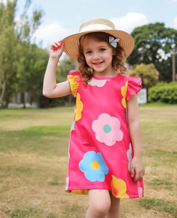 ⁦VeryNew 2-Pack Girls Ruffle Sleeve Dress A-Line Skater Cute Cat Casual Dresses Summer Spring for Kids 4-8 Years⁩ - الصورة ⁦3⁩