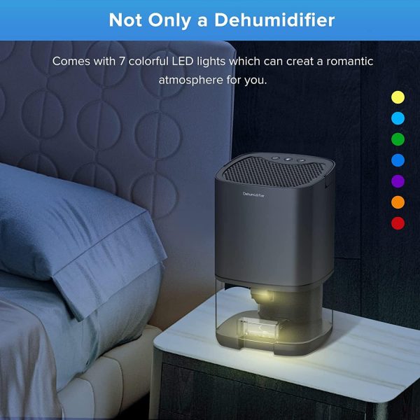 ⁦Arabest Home Dehumidifier 1000ML, Portable Mini Dehumidifier for 2500 cu ft (260 sq ft), Two Working Modes & 7 Color LED Lights, Silent Operation for Basement, Bedroom, Bathroom, Cabinet & RV, Black⁩ - الصورة ⁦2⁩