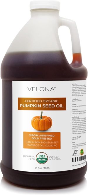 velona Pumpkin Seed Oil USDA Certified Organic - 64 oz | 100% Pure and Natural Carrier Oil | Unrefined, Cold Pressed | Cooking, Face, Hair, Body & Skin Care | Use Today - Enjoy Results