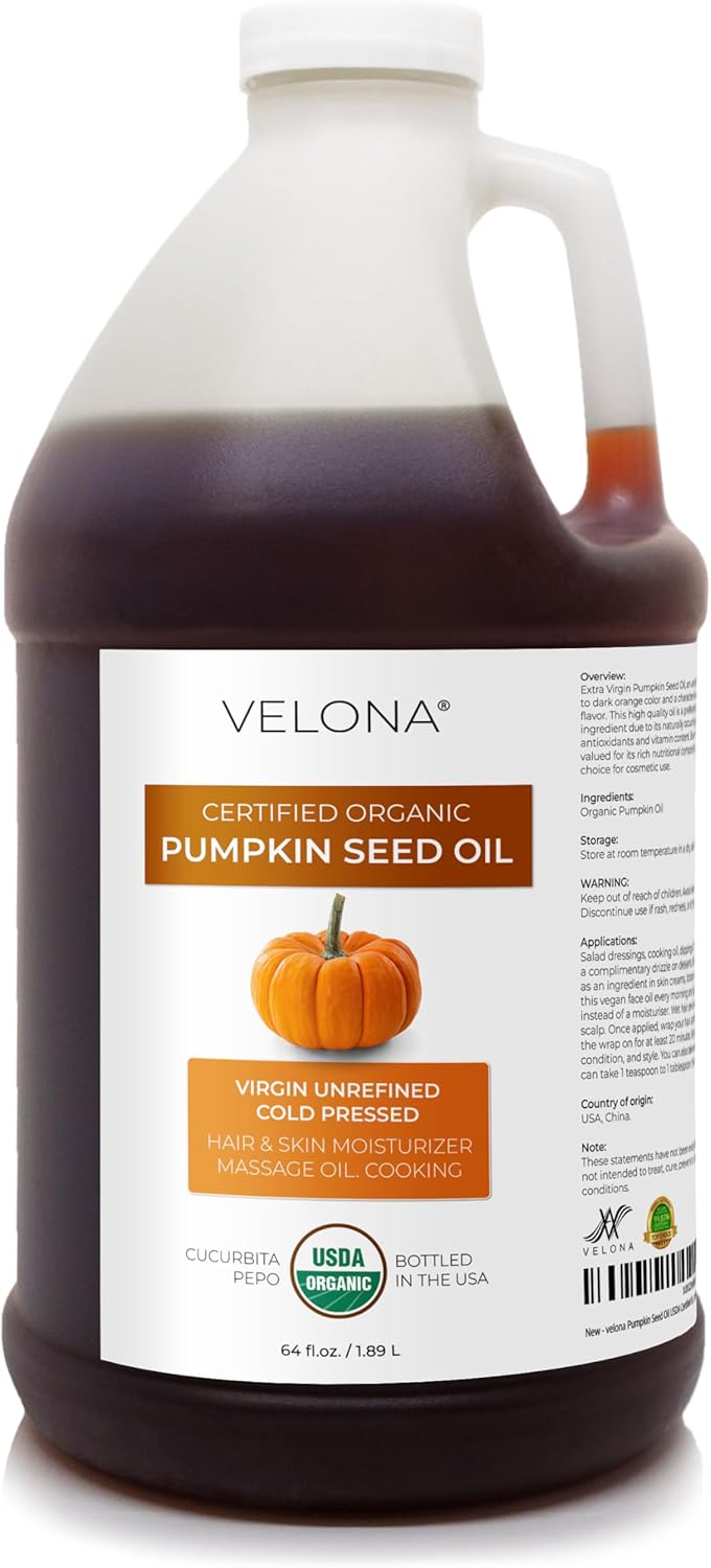 velona Pumpkin Seed Oil USDA Certified Organic - 64 oz | 100% Pure and Natural Carrier Oil | Unrefined, Cold Pressed | Cooking, Face, Hair, Body & Skin Care | Use Today - Enjoy Results 1 velona Pumpkin Seed Oil USDA Certified Organic - 64 oz | 100% Pure and Natural Carrier Oil | Unrefined, Cold Pressed | Cooking, Face, Hair, Body & Skin Care | Use Today - Enjoy Results