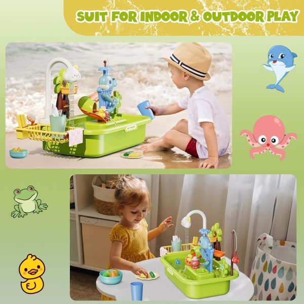 ⁦LinJie Kitchen Sink Toys,3 In 1 Play Sink With Running Water, Play Kitchen Sink Toy With Electric Faucet/Play Food/Pool Toys/Fishing Game,Kids Kitchen Sink Toys For 3-12 Year Old Boys Girls.(Green)⁩ - الصورة ⁦6⁩