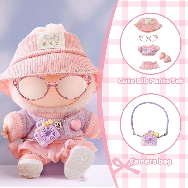 ⁦Casual Clothes Set For Labubu, Pink Ribbed Hat, Light Purple Knitted Sweater, Pink Ruffled Skirt, Mini Purple Camera & Pink Shoes, Cute Dress Up Accessories for Labubus 1/2/3 Generation Blind Box⁩ - الصورة ⁦4⁩