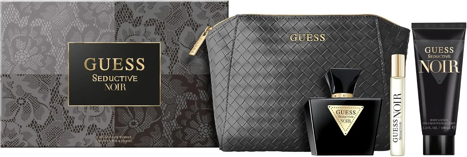 GUESS Seductive Noir Women/Femme Eau de Toilette 4 Piece Gift Set - Perfume Spray 2.5 Fl. Oz., Travel Spray 0.5 Fl. Oz., 3.4 Fl. Oz. Body Lotion, & Pouch