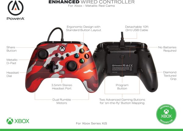 ⁦PowerA Xbox Series X Enhanced Wired Controller (Metallic Red Camo)⁩ - الصورة ⁦2⁩