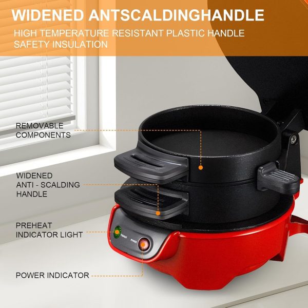 ⁦Electric 600W hamburger sandwich maker Toaster Round barbecue burger maker with egg cooking ring for breakfast-RED⁩ - الصورة ⁦4⁩