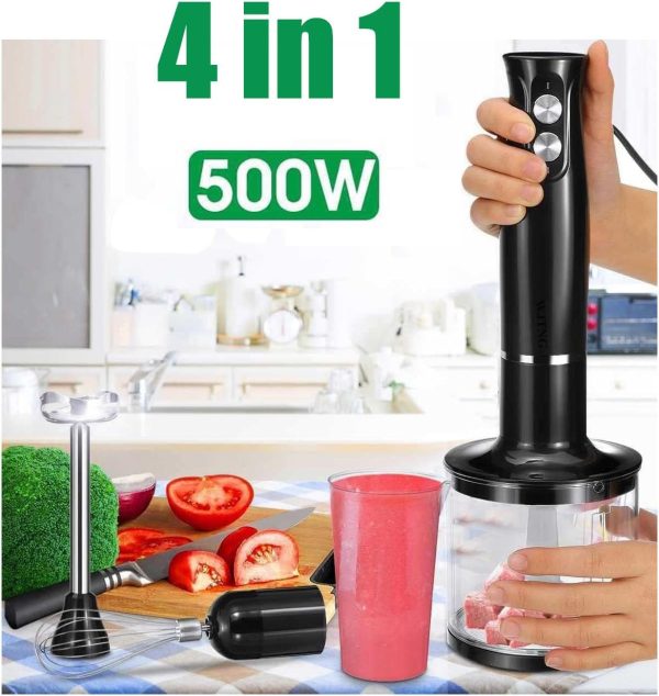 ⁦4 in 1 Hand Blender, 500W Stainless Steel Food Chopper, 2-Speed ​​Immersion Handheld Stick with 500ml Chopper, Egg Beater, Mixer, 700ml Measuring Cup for Baby Food, Smoothies, Puree⁩ - الصورة ⁦3⁩